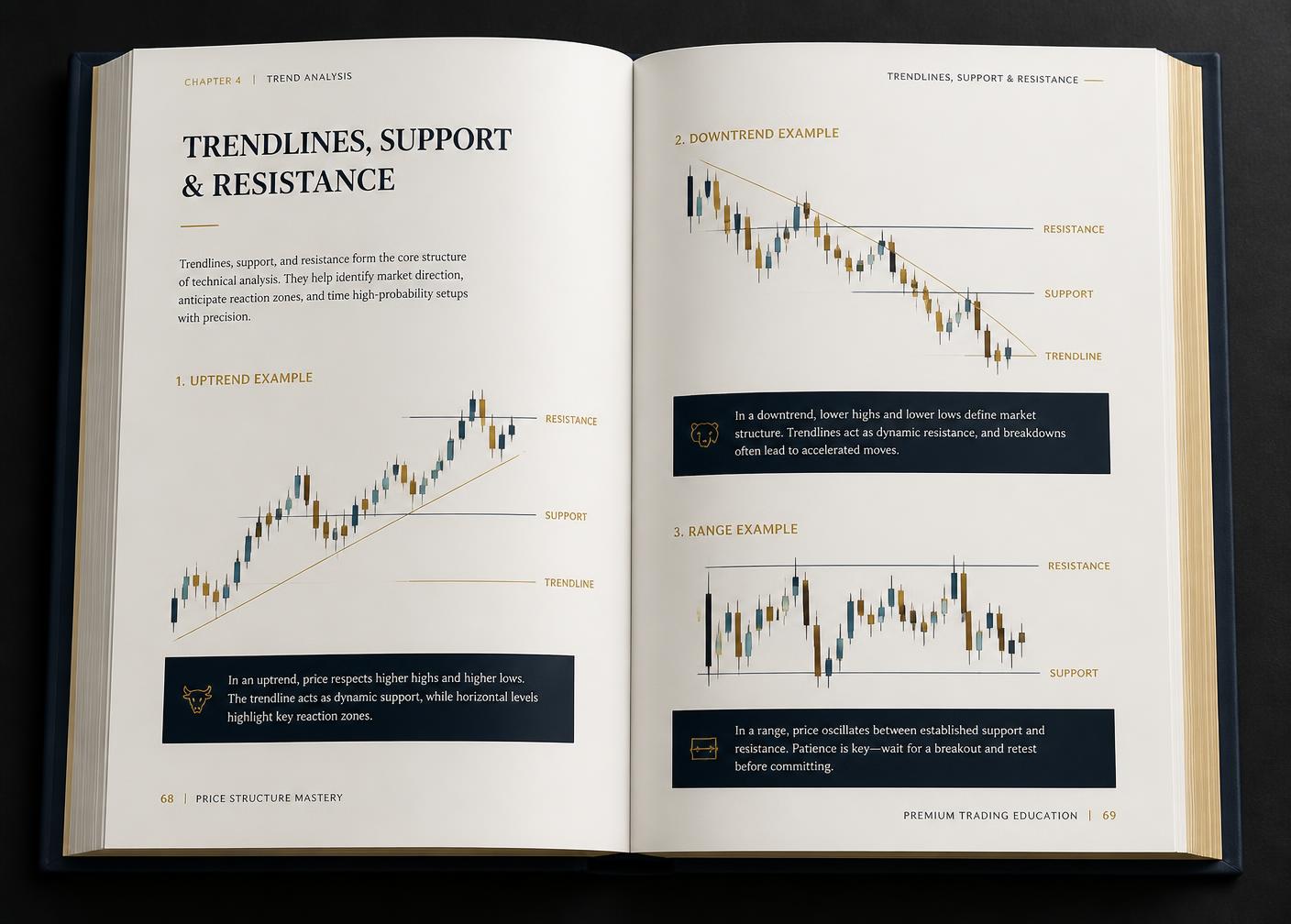 Open book spread showing annotated trendline, support and resistance chart examples